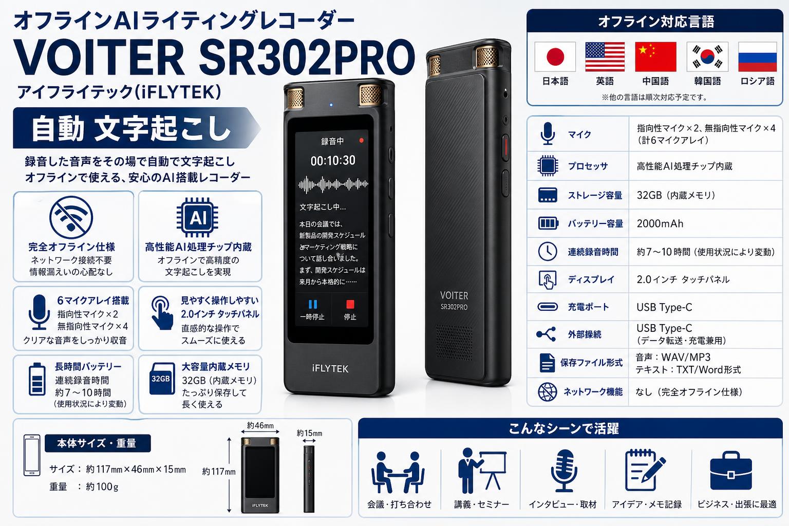 オフライン AI ライティングレコーダーVOITER SR302PRO アイフライテック(iFLYTEK)　自動 文字起こし スペック