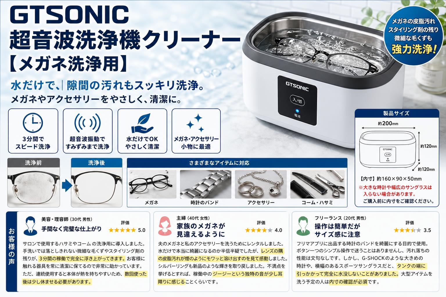 GTSONIC 超音波洗浄機クリーナー【メガネ洗浄用】 インターネット上のお客様の声（評判）