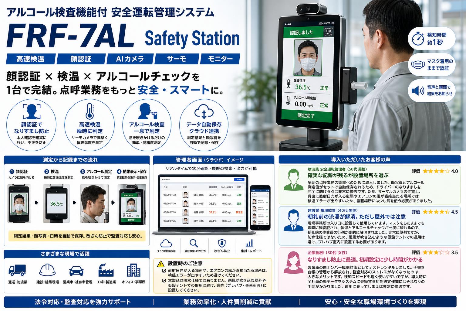 アルコール検査機能付 安全運転管理システムFRF-7AL Safety Station 高速検温 顔認証 AI カメラ サーモ モニター インターネット上のお客様の声（評判）