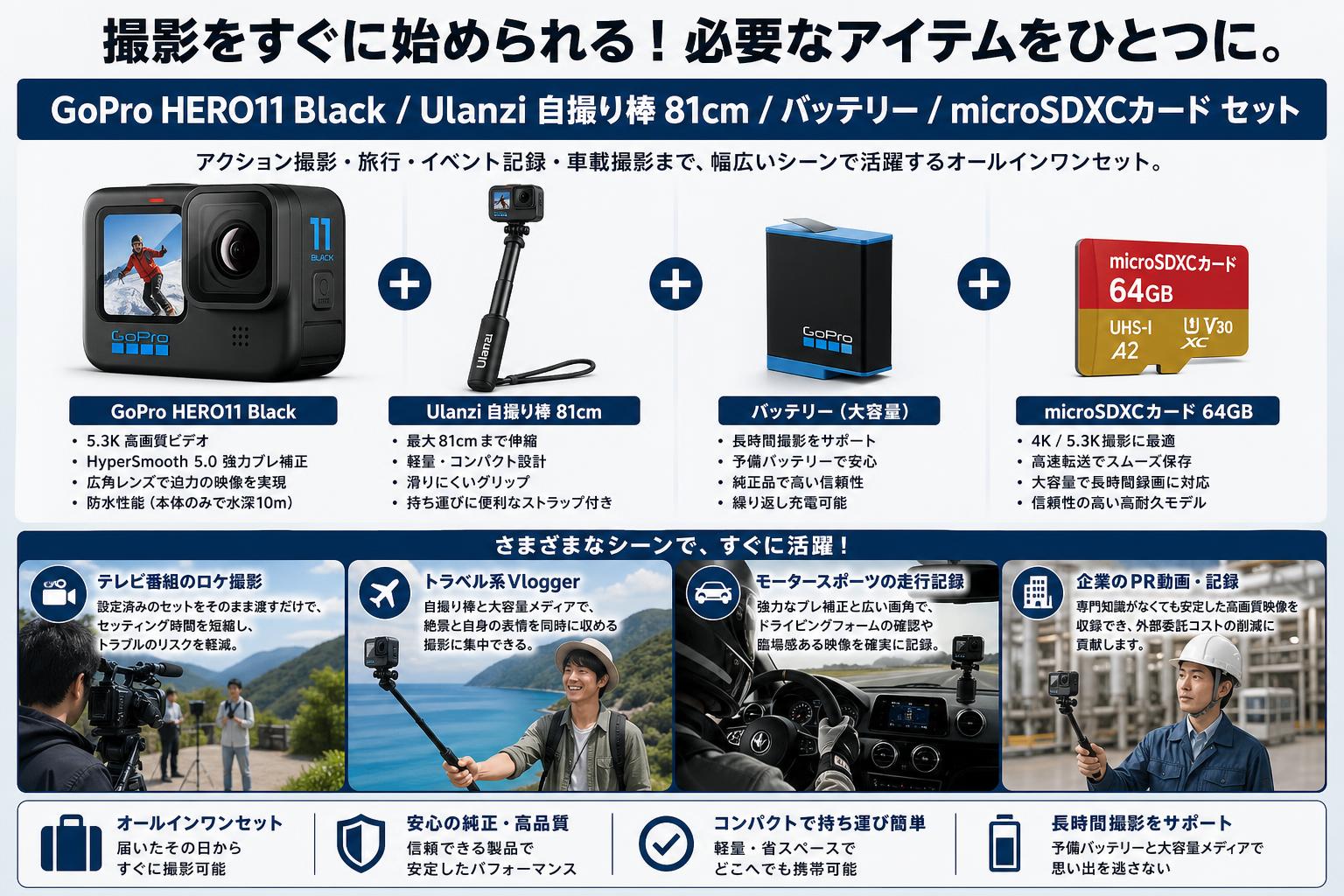 GoPro HERO11 Black / Ulanzi 自撮り棒 81cm / バッテリー/  microSDXCカード セット おもな対象のお客様