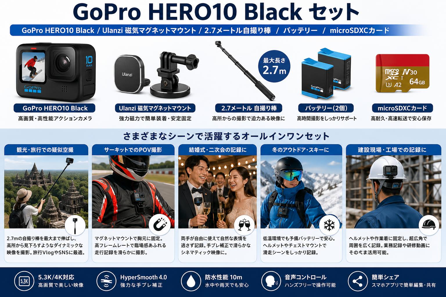 GoPro HERO10 Black / Ulanzi 磁気マグネットマウント / 2.7メートル 自撮り棒  / バッテリー/ microSDXCカード セット 用途