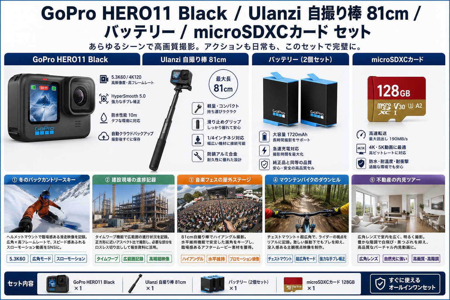 GoPro HERO11 Black / Ulanzi 自撮り棒 81cm / バッテリー/  microSDXCカード セット 用途