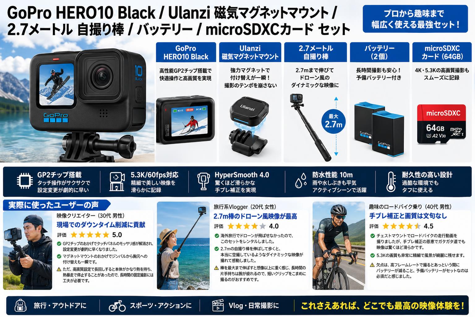GoPro HERO10 Black / Ulanzi 磁気マグネットマウント / 2.7メートル 自撮り棒  / バッテリー/ microSDXCカード セット インターネット上のお客様の声（評判）