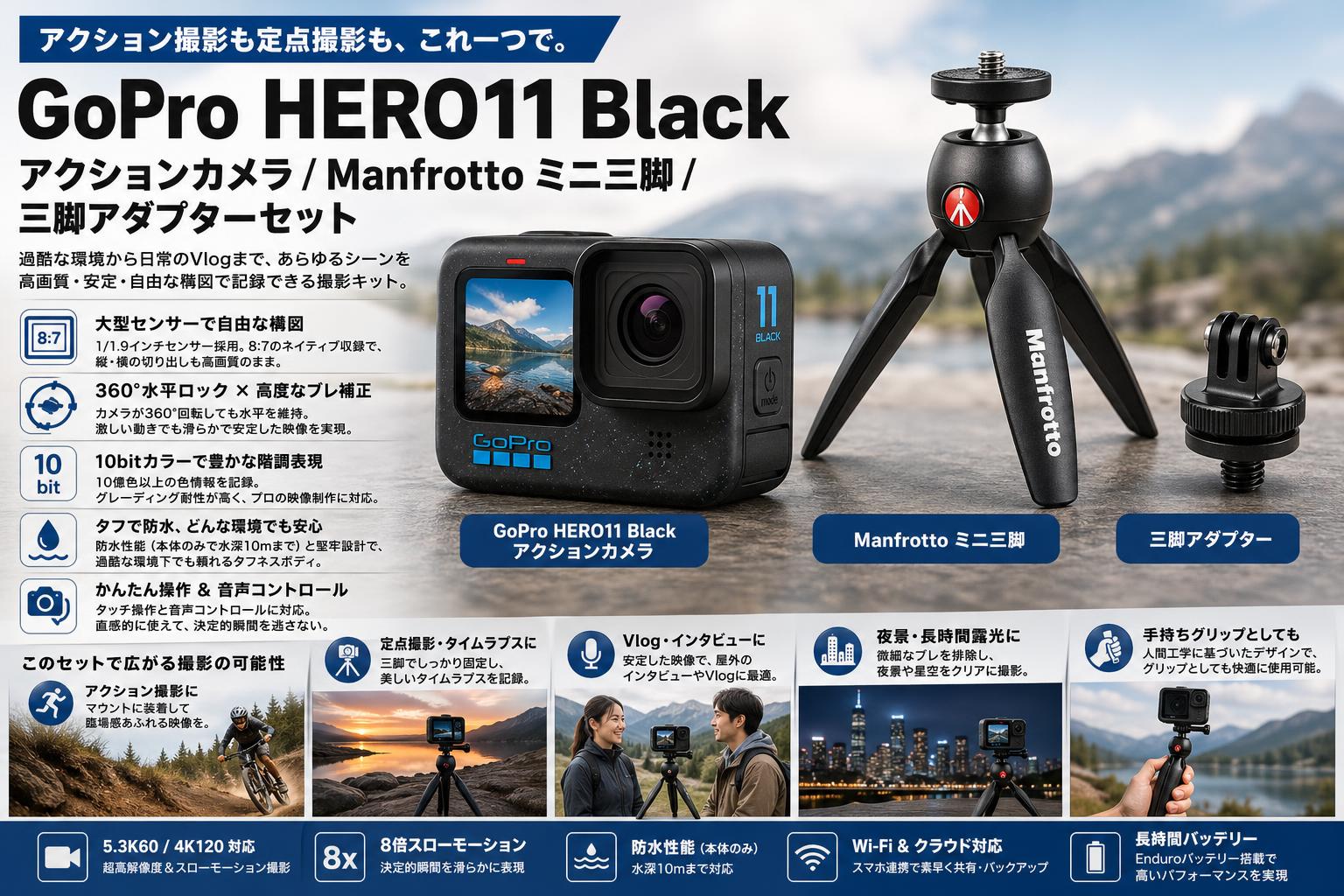 GoPro HERO11 Black アクションカメラ / Manfrotto ミニ三脚 / 三脚アダプターセット 概要