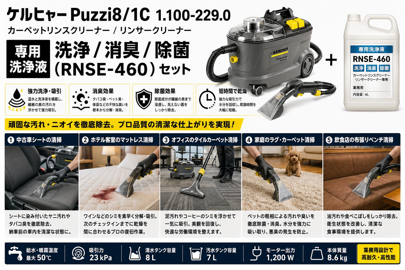 ケルヒャーPuzzi8/1C 1.100-229.0  カーペットリンスクリーナー / リンサークリーナー専用 洗浄液 洗浄 / 消臭 / 除菌 (RNSE-460 ) セット 用途
