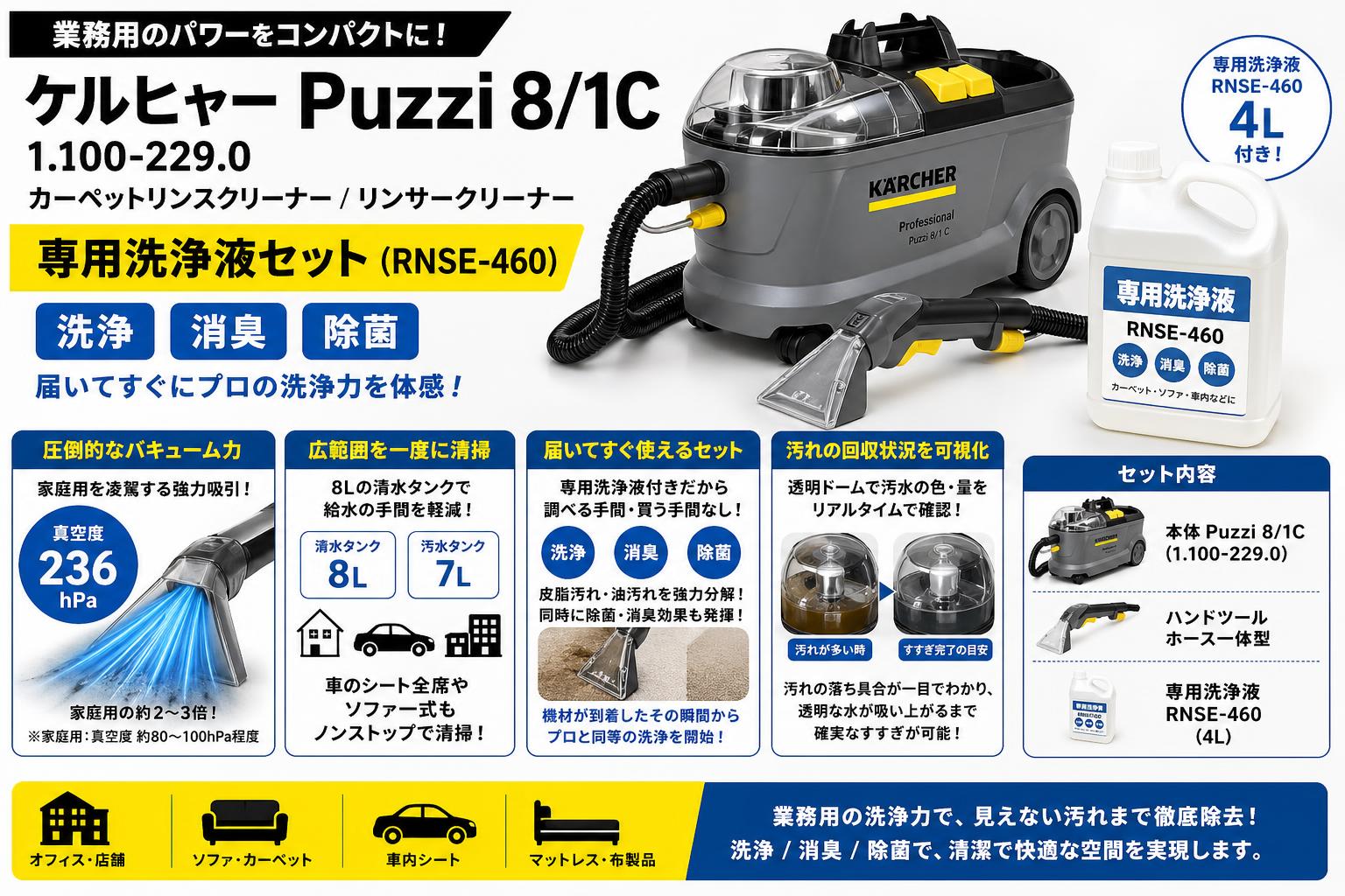 ケルヒャーPuzzi8/1C 1.100-229.0  カーペットリンスクリーナー / リンサークリーナー専用 洗浄液 洗浄 / 消臭 / 除菌 (RNSE-460 ) セット セールスポイント