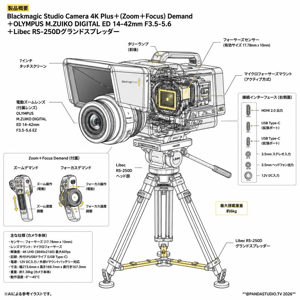 Blackmagic Studio Camera 4K Plus＋(Zoom＋Focus)Demand＋OLYMPUS M.ZUIKO DIGITAL ED 14-42mm F3.5-5.6＋Libec RS-250Dグランドスプレッダー スペック