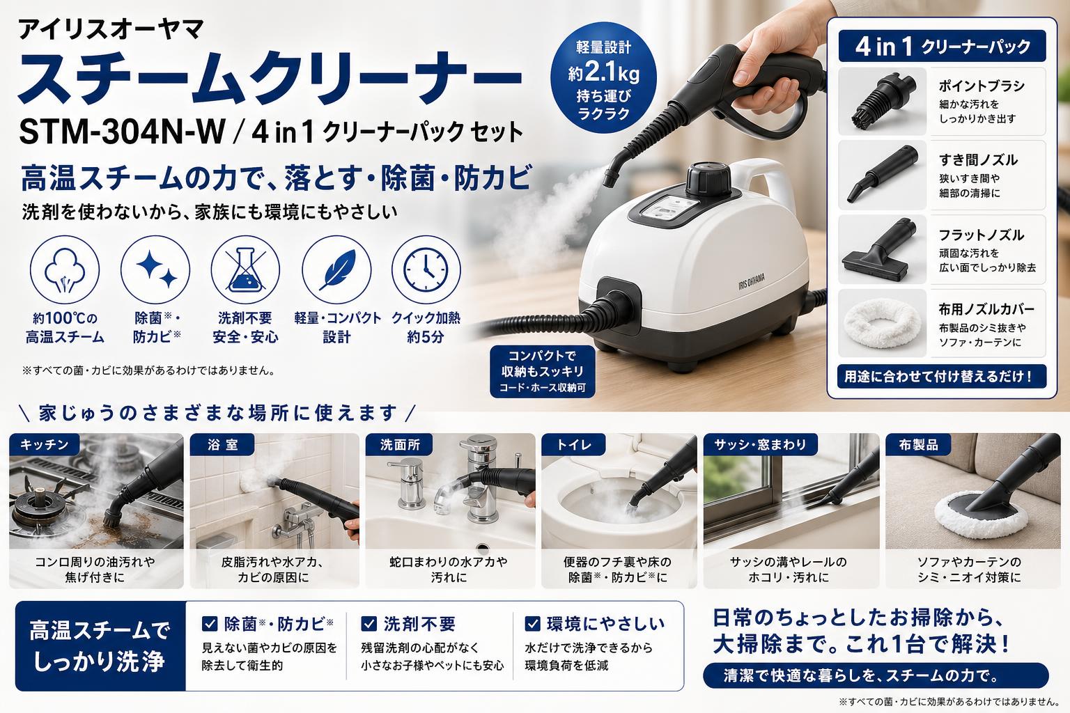 アイリスオーヤマスチームクリーナー STM-304N-W / 4 in 1 クリーナーパック セット 概要