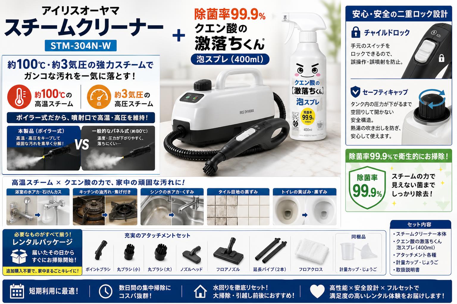 アイリスオーヤマスチームクリーナー STM-304N-W / 除菌率99.9% クエン酸の激落ちくん 泡スプレ (400ml) セールスポイント