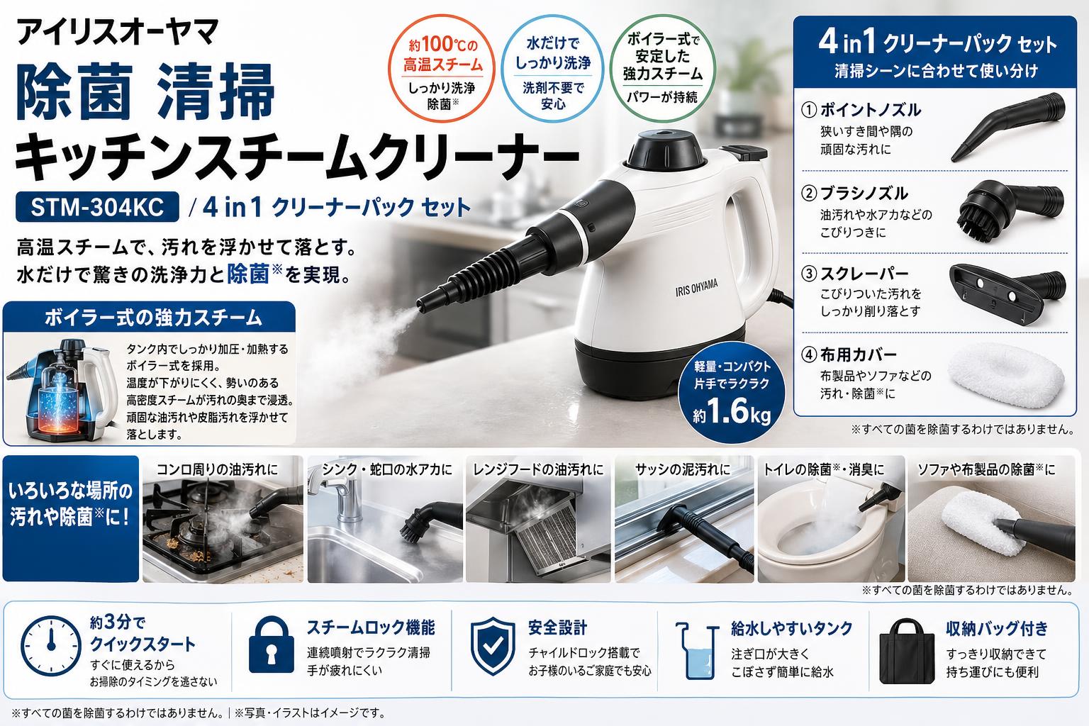 アイリスオーヤマ 除菌 清掃 キッチンスチームクリーナー STM-304KC / 4 in 1 クリーナーパック セット 概要