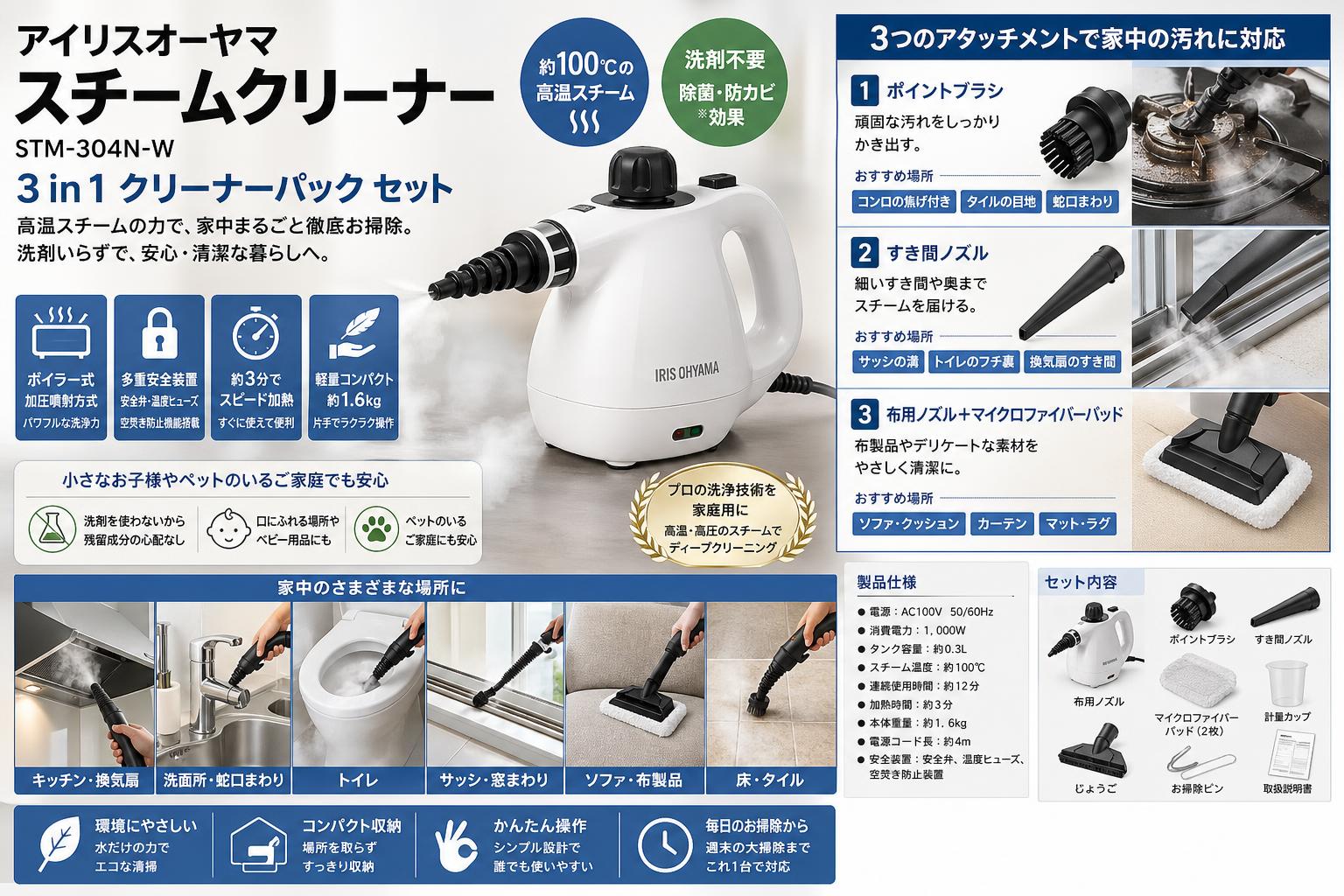 アイリスオーヤマスチームクリーナー STM-304N-W / 3 in 1 クリーナーパック セット 概要