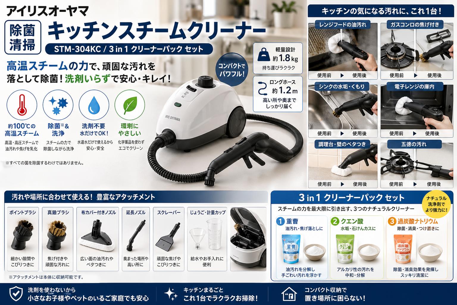 アイリスオーヤマ 除菌 清掃 キッチンスチームクリーナー STM-304KC / 3 in 1 クリーナーパック セット 概要