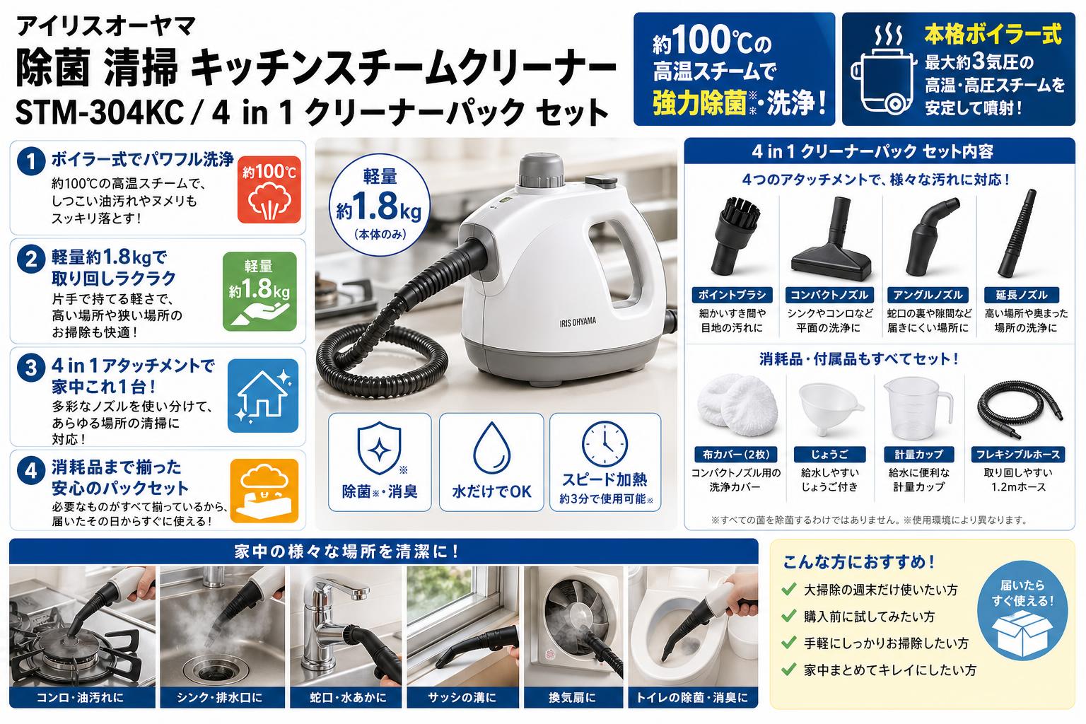 アイリスオーヤマ 除菌 清掃 キッチンスチームクリーナー STM-304KC / 4 in 1 クリーナーパック セット セールスポイント