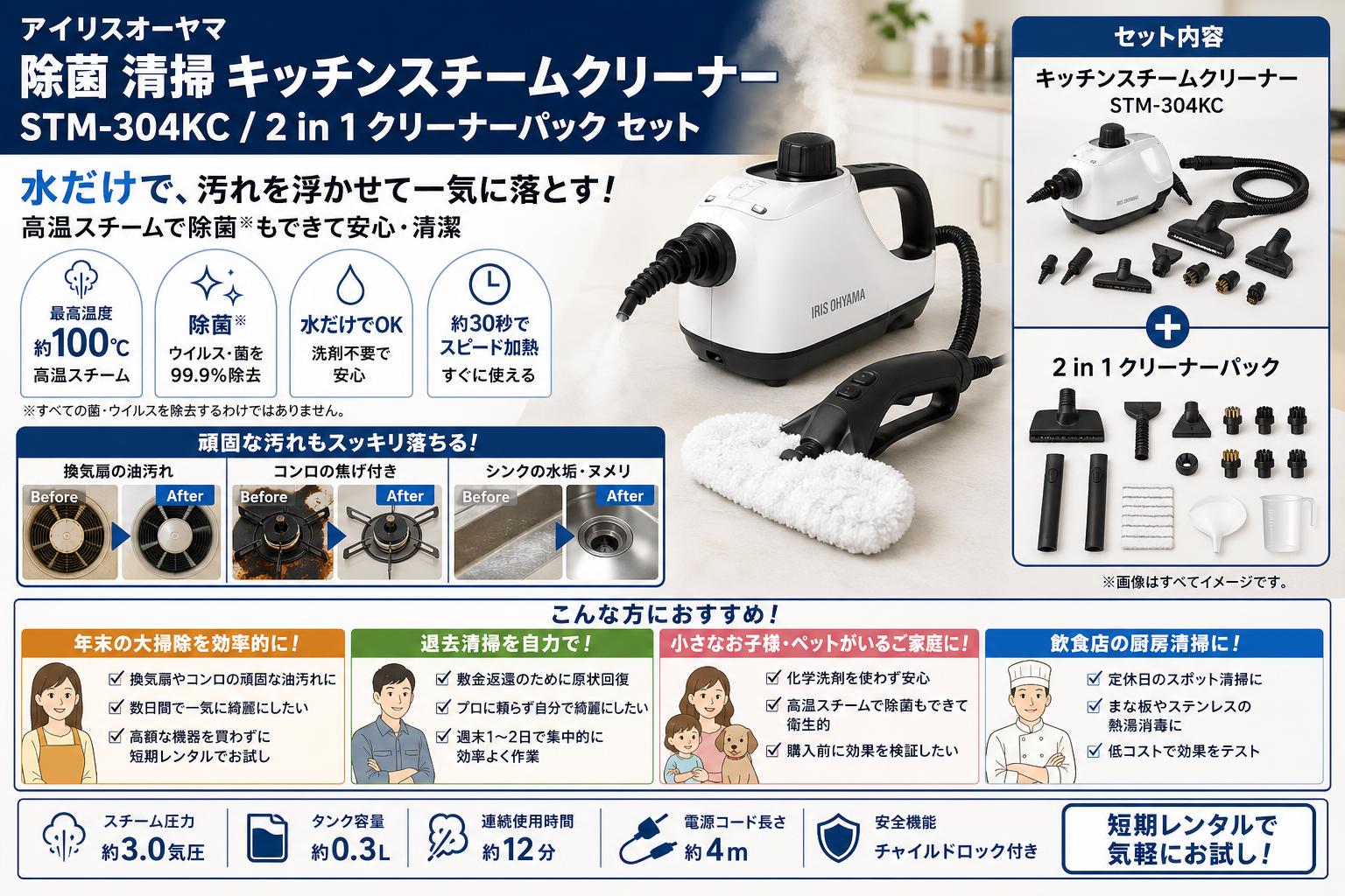 アイリスオーヤマ 除菌 清掃 キッチンスチームクリーナー STM-304KC / 2 in 1 クリーナーパック セット おもな対象のお客様