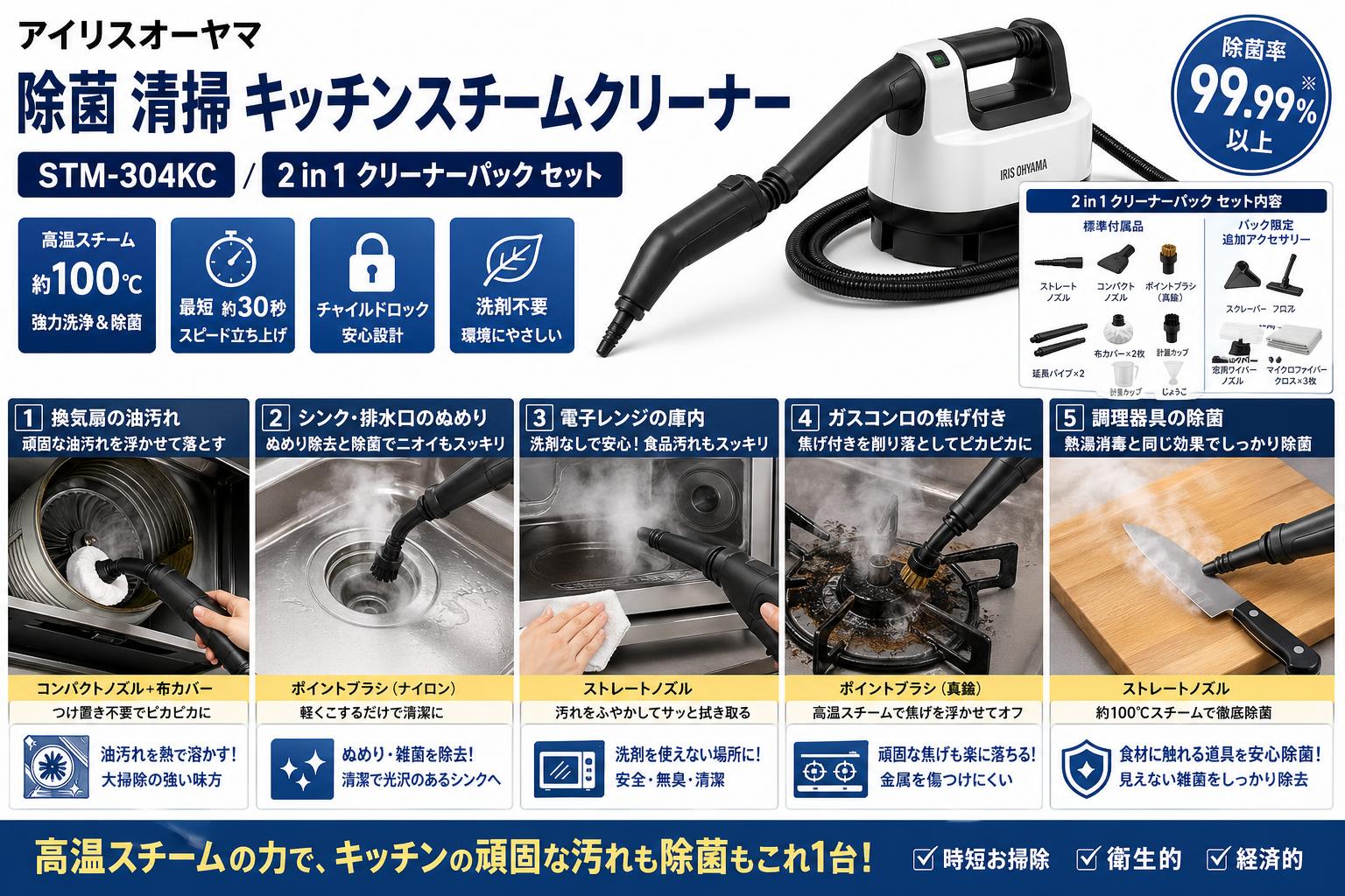 アイリスオーヤマ 除菌 清掃 キッチンスチームクリーナー STM-304KC / 2 in 1 クリーナーパック セット 用途
