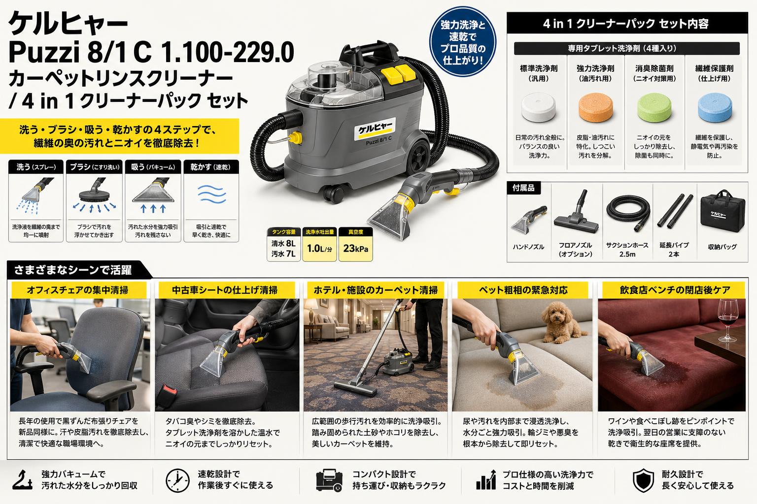 ケルヒャーPuzzi8/1C 1.100-229.0  カーペットリンスクリーナー / 4 in 1 クリーナーパック セット 用途