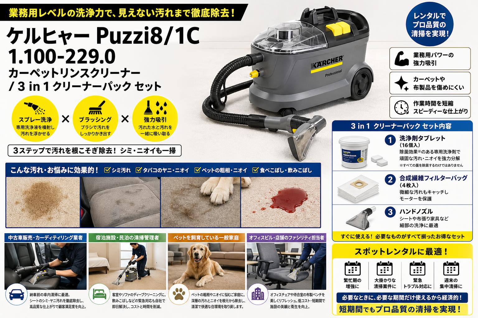 ケルヒャー Puzzi8/1C 1.100-229.0  カーペットリンスクリーナー / 3 in 1 クリーナーパック セット おもな対象のお客様
