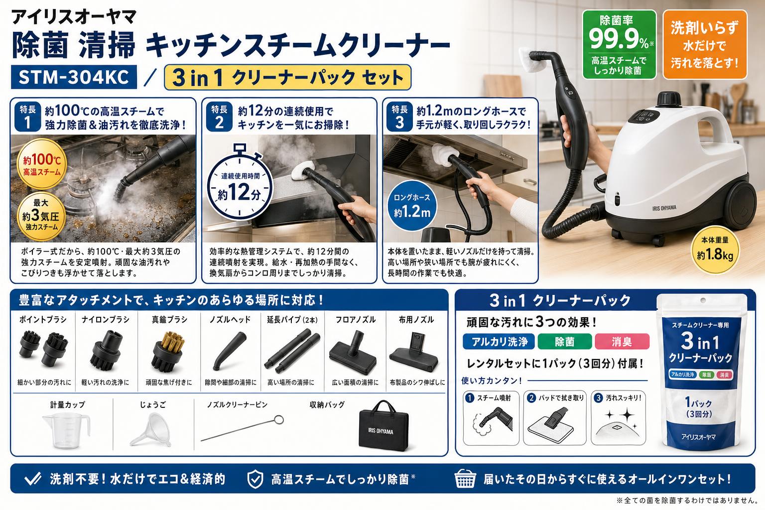 アイリスオーヤマ 除菌 清掃 キッチンスチームクリーナー STM-304KC / 3 in 1 クリーナーパック セット セールスポイント