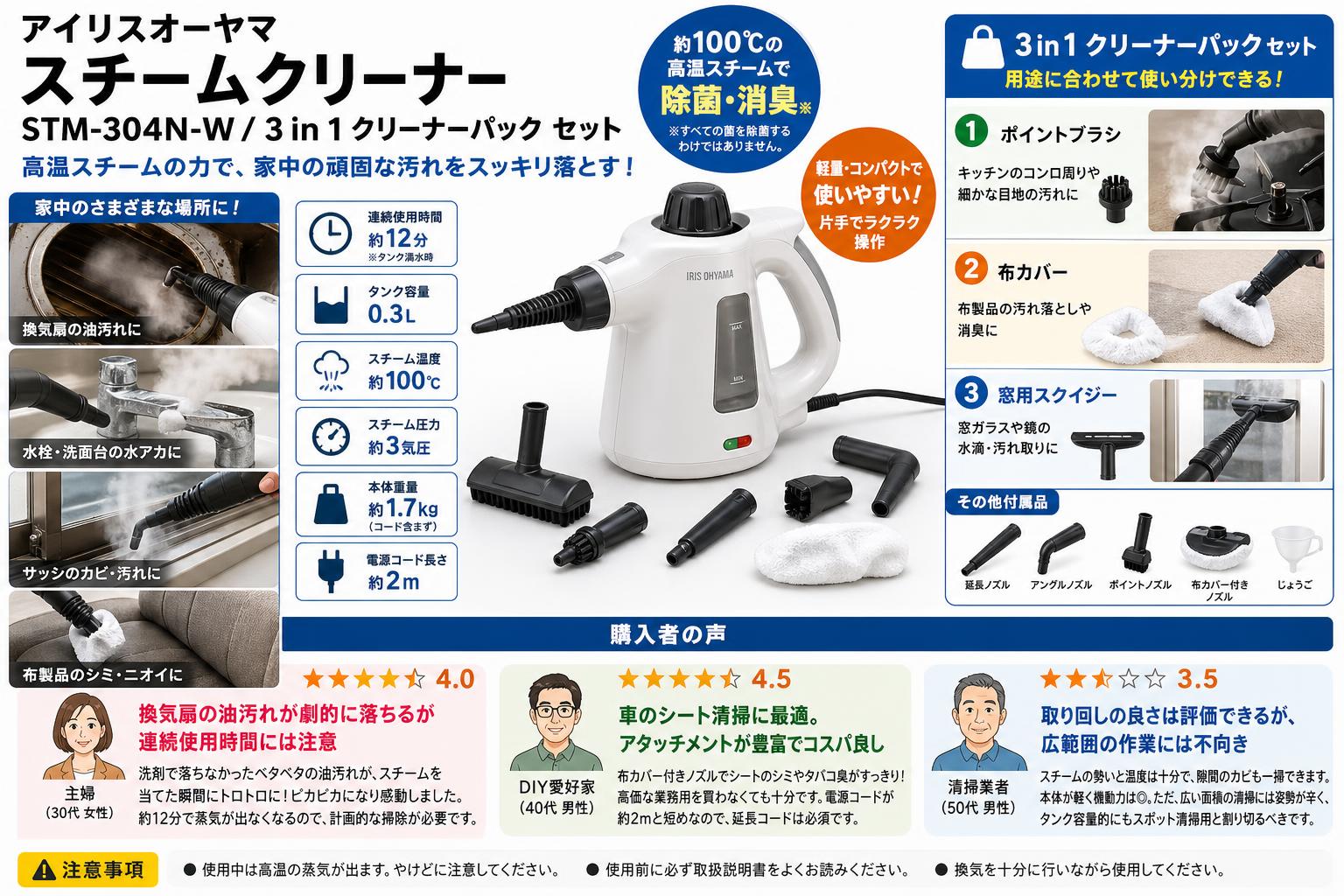 アイリスオーヤマスチームクリーナー STM-304N-W / 3 in 1 クリーナーパック セット インターネット上のお客様の声（評判）