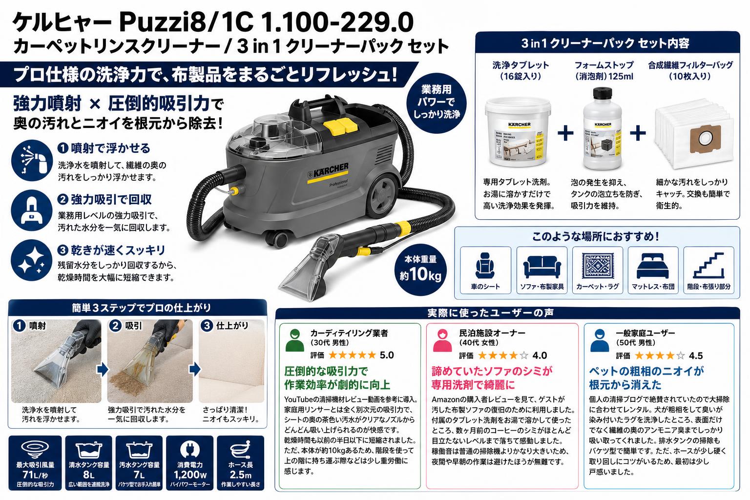 ケルヒャー Puzzi8/1C 1.100-229.0  カーペットリンスクリーナー / 3 in 1 クリーナーパック セット インターネット上のお客様の声（評判）