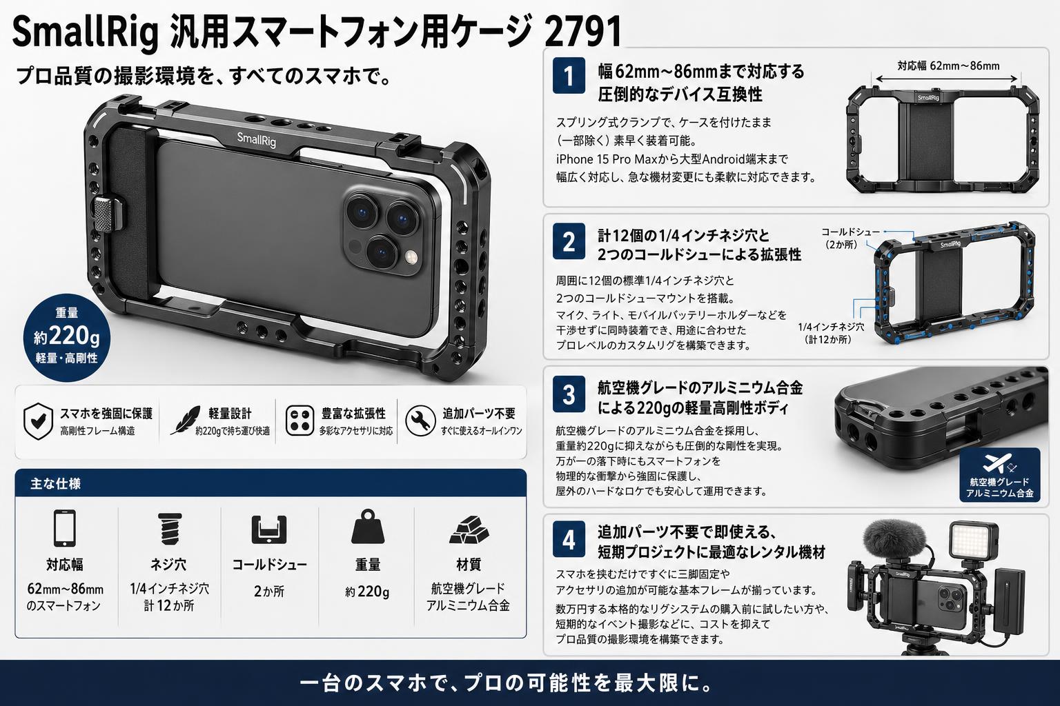 SmallRig 汎用スマートフォン用ケージ 2791 セールスポイント