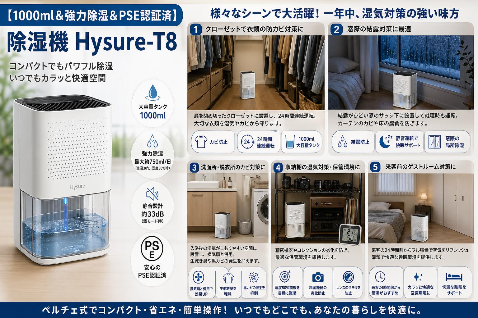 【1000ml＆強力除湿＆PSE認証済】除湿機 Hysure-T8 用途