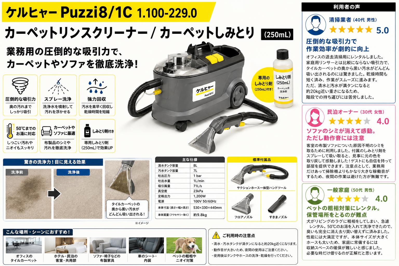 ケルヒャーPuzzi8/1C 1.100-229.0  カーペットリンスクリーナー/ カーペットしみとり (250mL) インターネット上のお客様の声（評判）