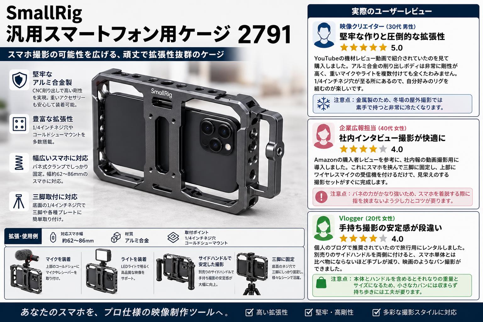 SmallRig 汎用スマートフォン用ケージ 2791 インターネット上のお客様の声（評判）