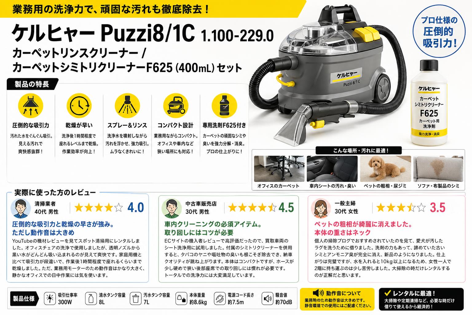 ケルヒャー Puzzi8/1C 1.100-229.0  カーペットリンスクリーナー / カーペットシミトリクリーナーF625 (400mL) セット インターネット上のお客様の声（評判）