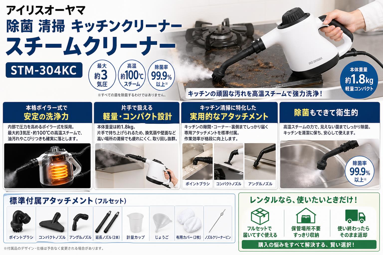 アイリスオーヤマ 除菌 清掃 キッチンクリーナー スチームクリーナー STM-304KC セールスポイント