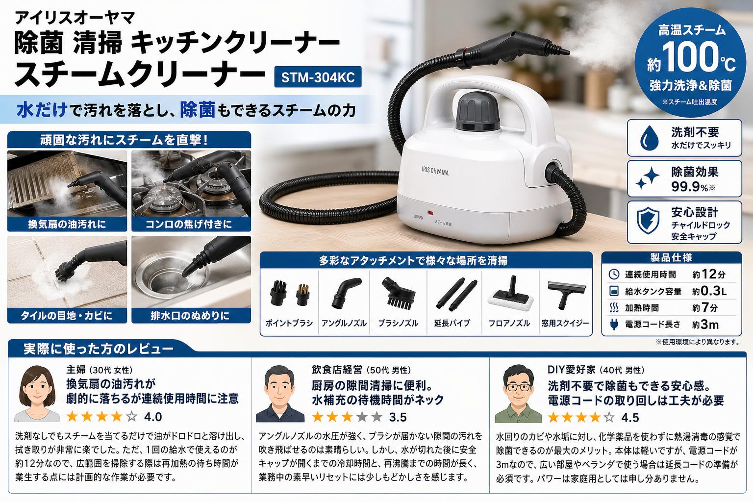 アイリスオーヤマ 除菌 清掃 キッチンクリーナー スチームクリーナー STM-304KC インターネット上のお客様の声（評判）