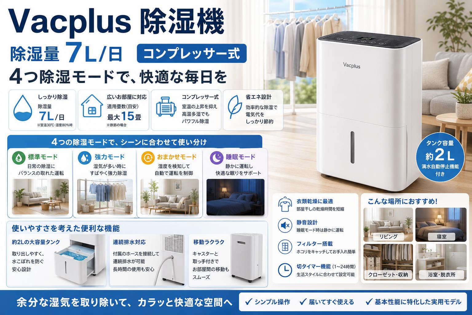 Vacplus 除湿機 除湿量 7L/日 コンプレッサー式 4つ除湿モード 概要
