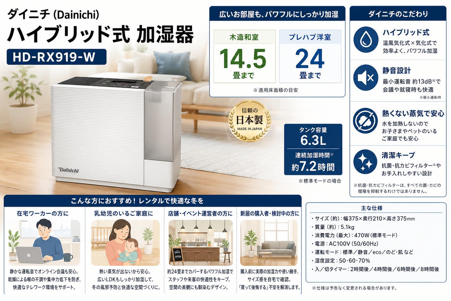 ダイニチ (Dainichi)  ハイブリッド式 加湿器  HD-RX919-W（木造和室14.5畳まで/プレハブ洋室24畳まで） おもな対象のお客様