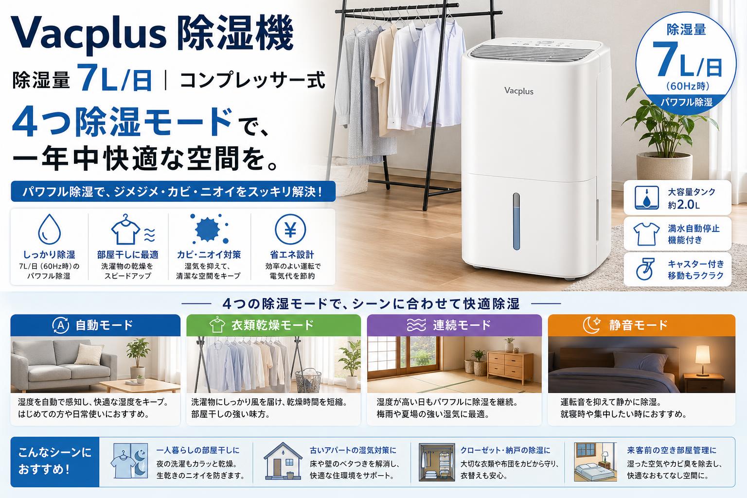 Vacplus 除湿機 除湿量 7L/日 コンプレッサー式 4つ除湿モード おもな対象のお客様