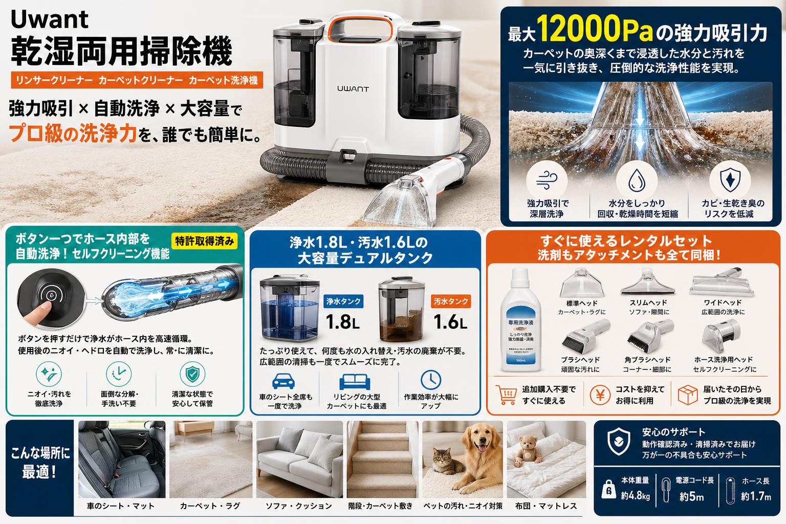 Uwant 乾湿両用掃除機 リンサークリーナー カーペットクリーナー カーペット洗浄機 セールスポイント