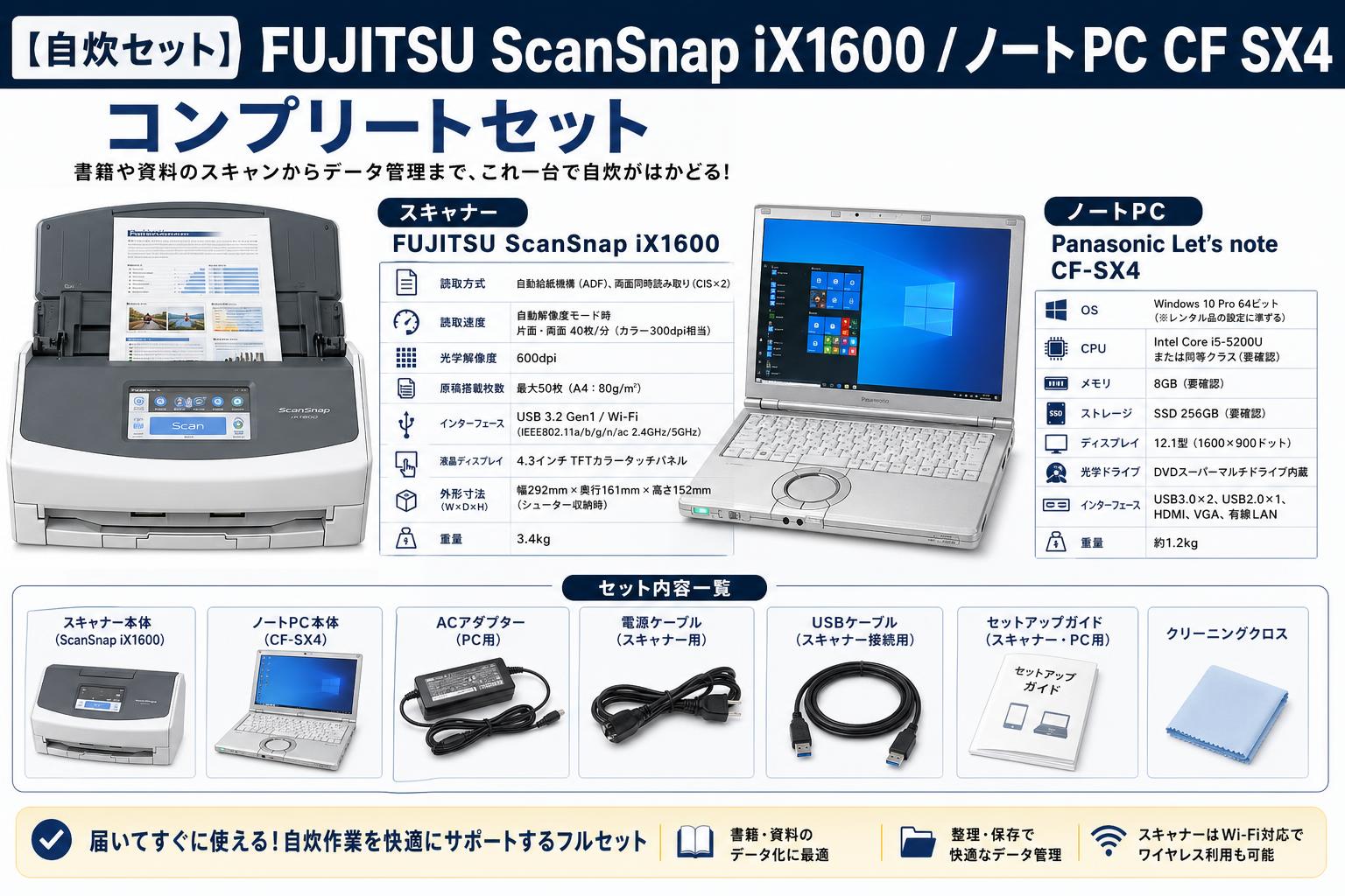 【自炊セット】FUJITSU ScanSnap iX1600 /ノートPC  CF SX4 コンプリートセット スペック