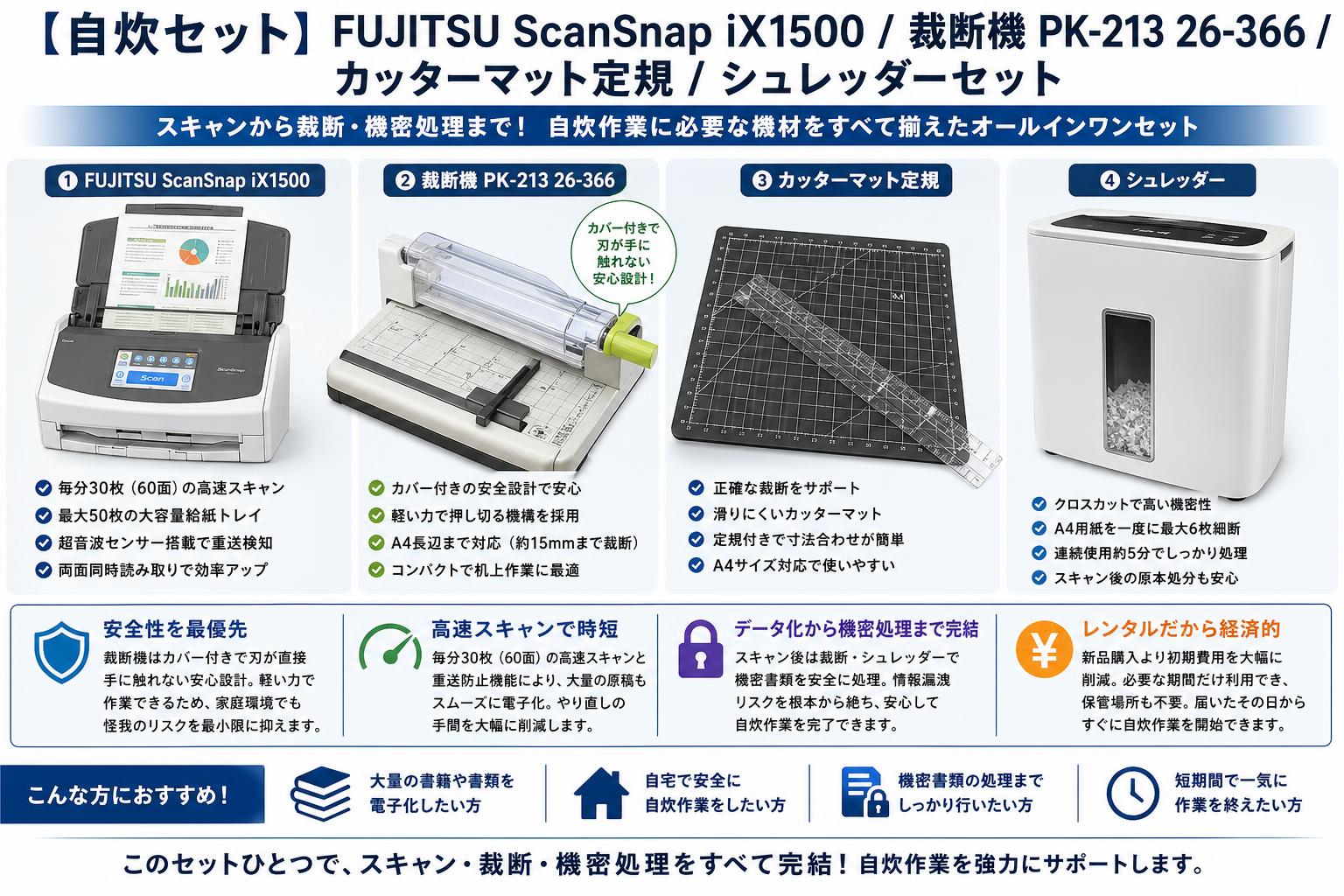 【自炊セット】FUJITSU ScanSnap iX1500 / 裁断機 PK-213 26-366 / カッターマット定規 / シュレッダーセット セールスポイント