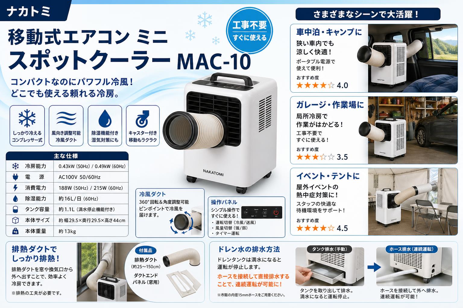 ナカトミ 移動式エアコン ミニ スポットクーラーMAC-10 インターネット上のお客様の声（評判）