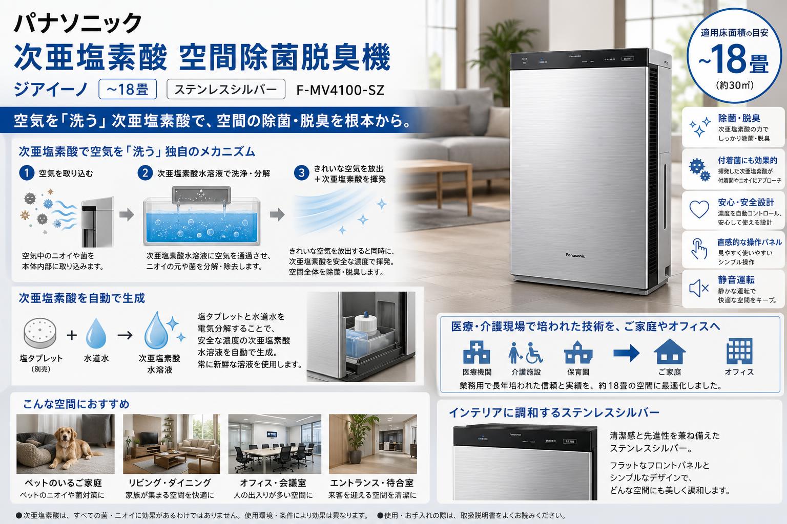 パナソニック 次亜塩素酸 空間除菌脱臭機 ジアイーノ ~18畳 ステンレスシルバー F-MV4100-SZ 概要