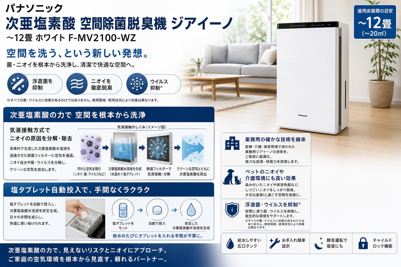 パナソニック 次亜塩素酸 空間除菌脱臭機 ジアイーノ ~12畳 ホワイト F-MV2100-WZ 概要