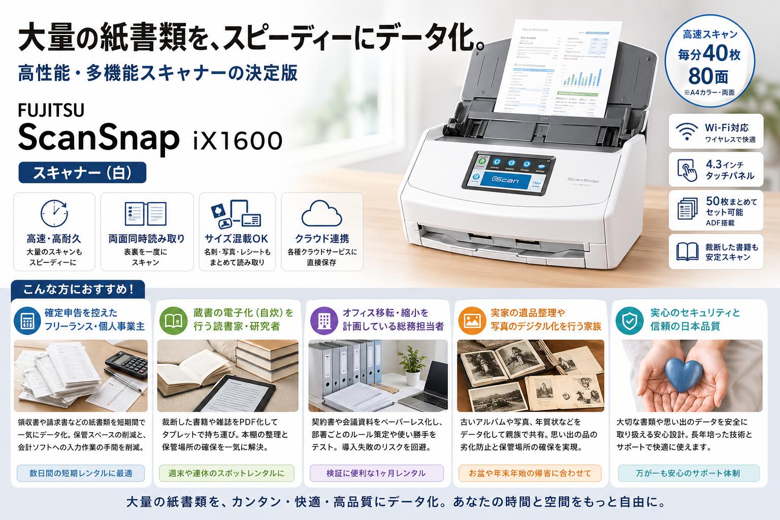 FUJITSU ScanSnap iX1600 スキャナー（白） おもな対象のお客様