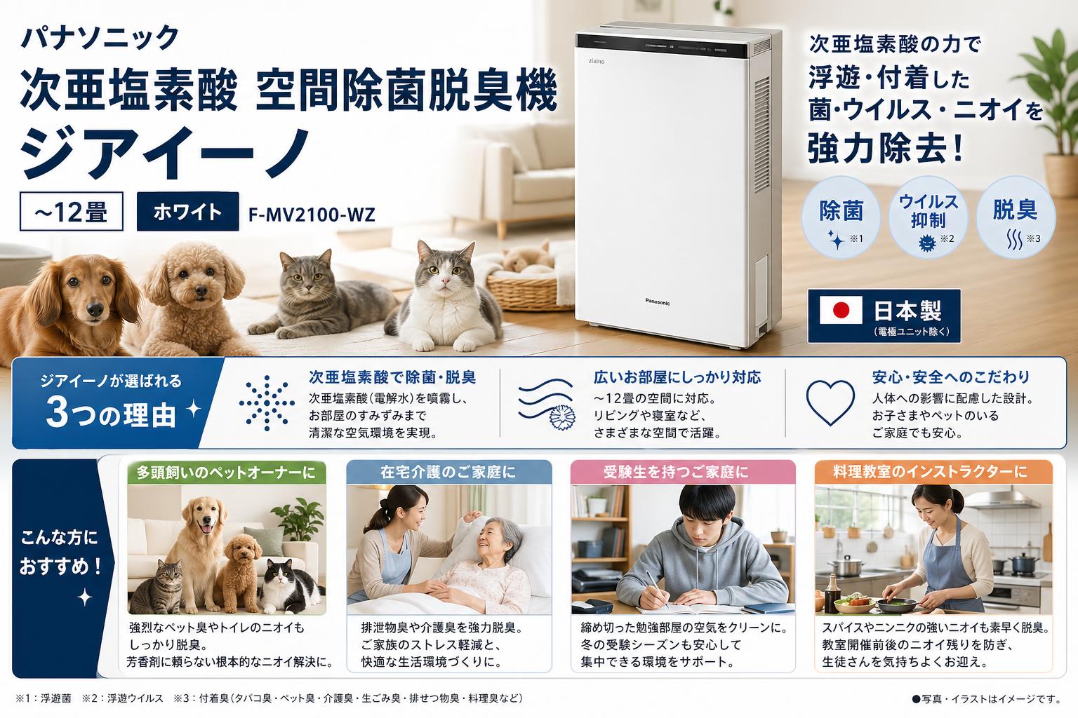 パナソニック 次亜塩素酸 空間除菌脱臭機 ジアイーノ ~12畳 ホワイト F-MV2100-WZ おもな対象のお客様