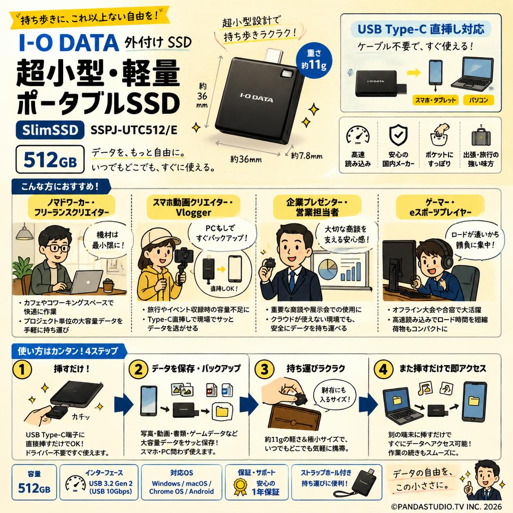 I-O DATA　外付け SSD 超小型 512GB SlimSSD コンパクト 極小 ポータブル USB Type-C　 SSPJ-UTC512/E おもな対象のお客様