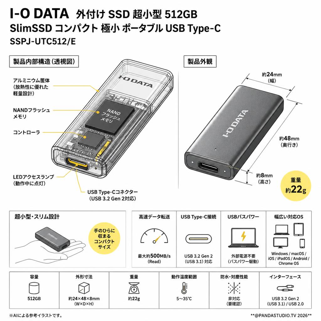 I-O DATA　外付け SSD 超小型 512GB SlimSSD コンパクト 極小 ポータブル USB Type-C　 SSPJ-UTC512/E スペック