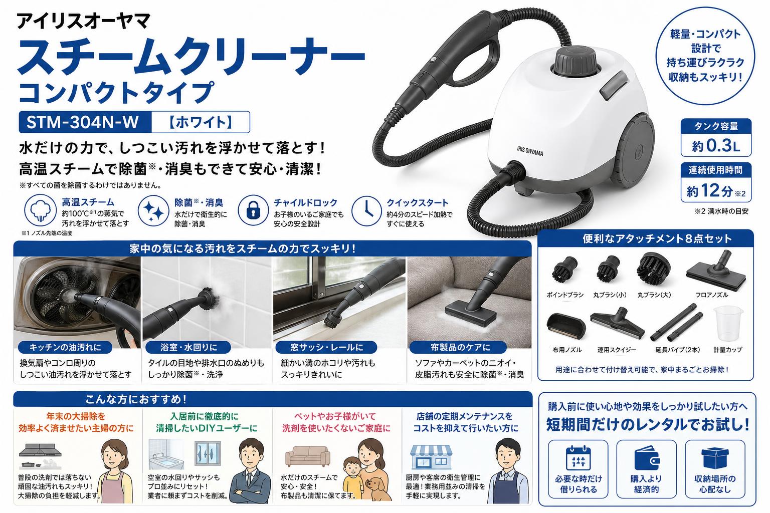 アイリスオーヤマスチームクリーナーコンパクトタイプ STM-304N-W【ホワイト】 おもな対象のお客様
