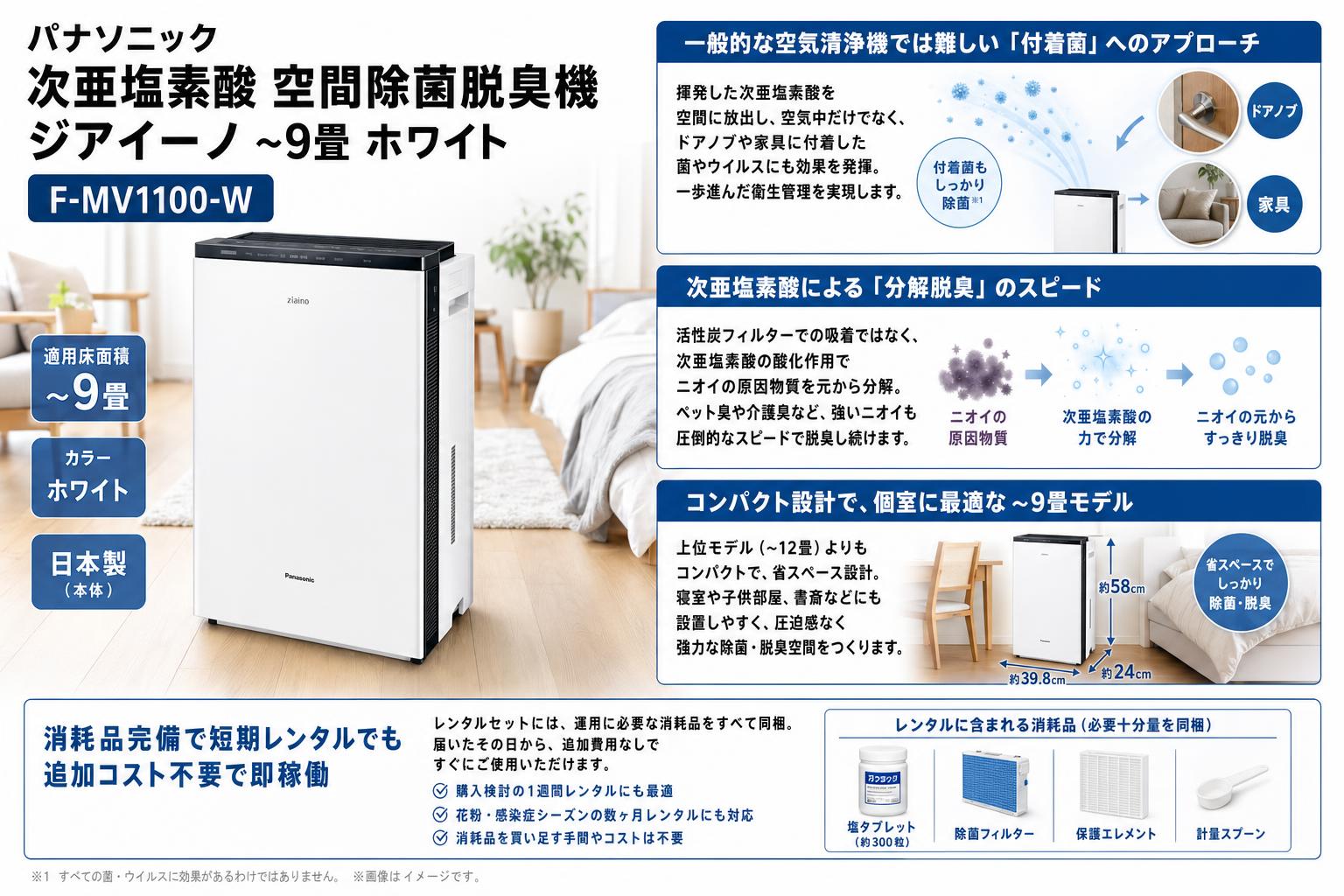 パナソニック 次亜塩素酸 空間除菌脱臭機 ジアイーノ ~9畳 ホワイト F-MV1100-W セールスポイント