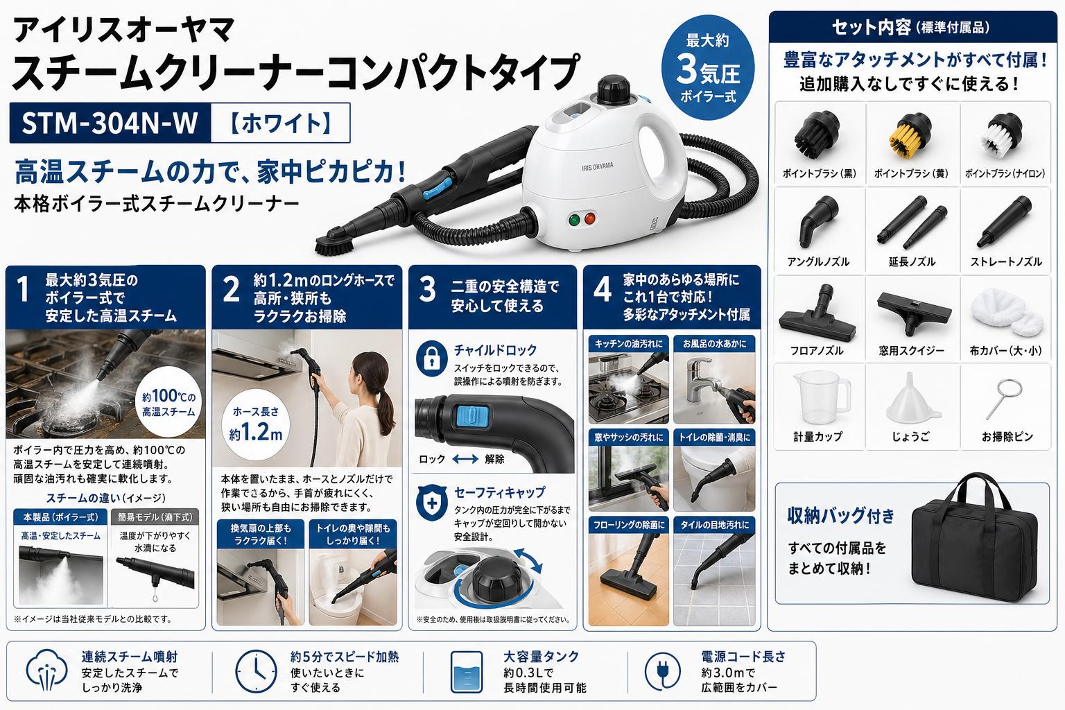 アイリスオーヤマスチームクリーナーコンパクトタイプ STM-304N-W【ホワイト】 セールスポイント