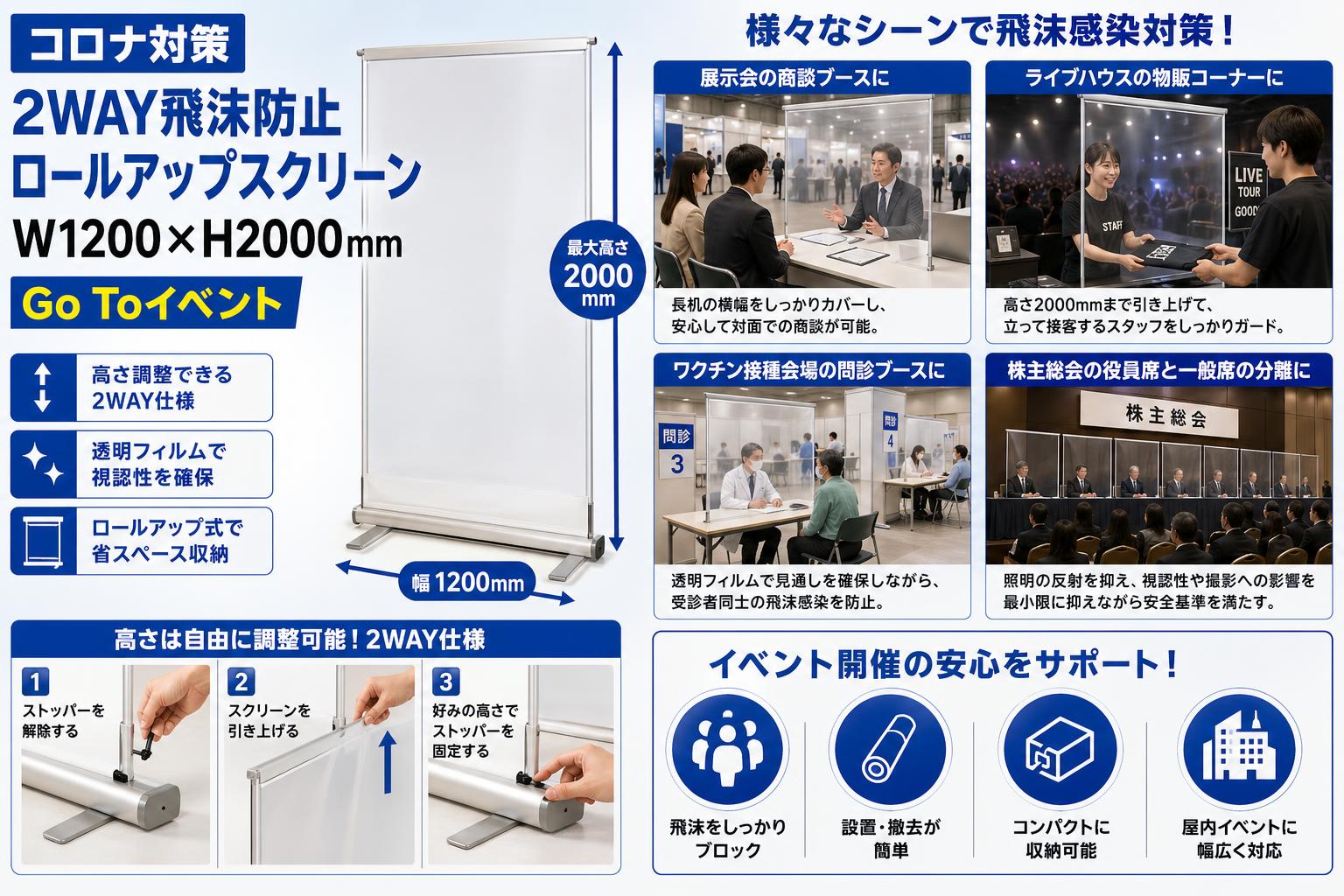 コロナ対策 2WAY飛沫防止ロールアップスクリーン W1200×H2000mmGo Toイベント 用途