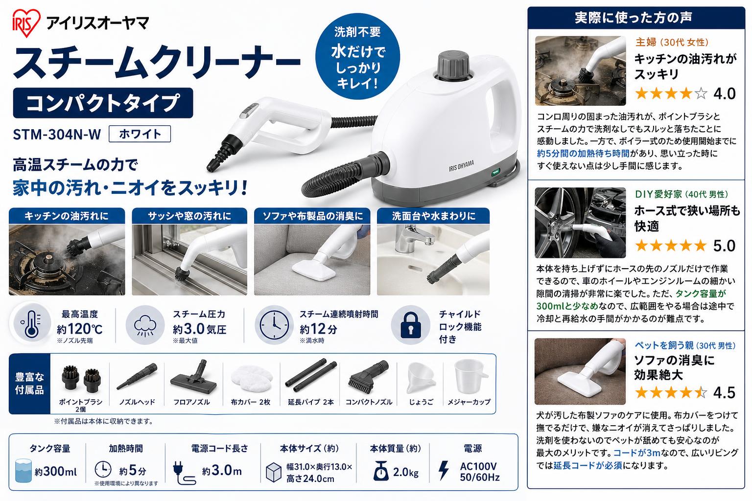 アイリスオーヤマスチームクリーナーコンパクトタイプ STM-304N-W【ホワイト】 インターネット上のお客様の声（評判）