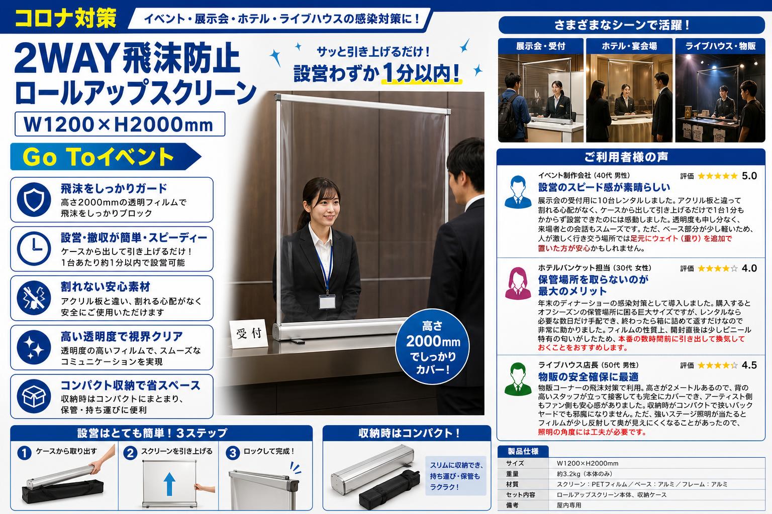 コロナ対策 2WAY飛沫防止ロールアップスクリーン W1200×H2000mmGo Toイベント インターネット上のお客様の声（評判）